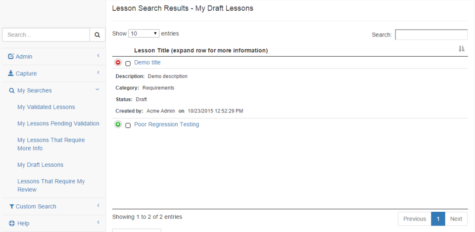 screenshot of Lessons Learned Database